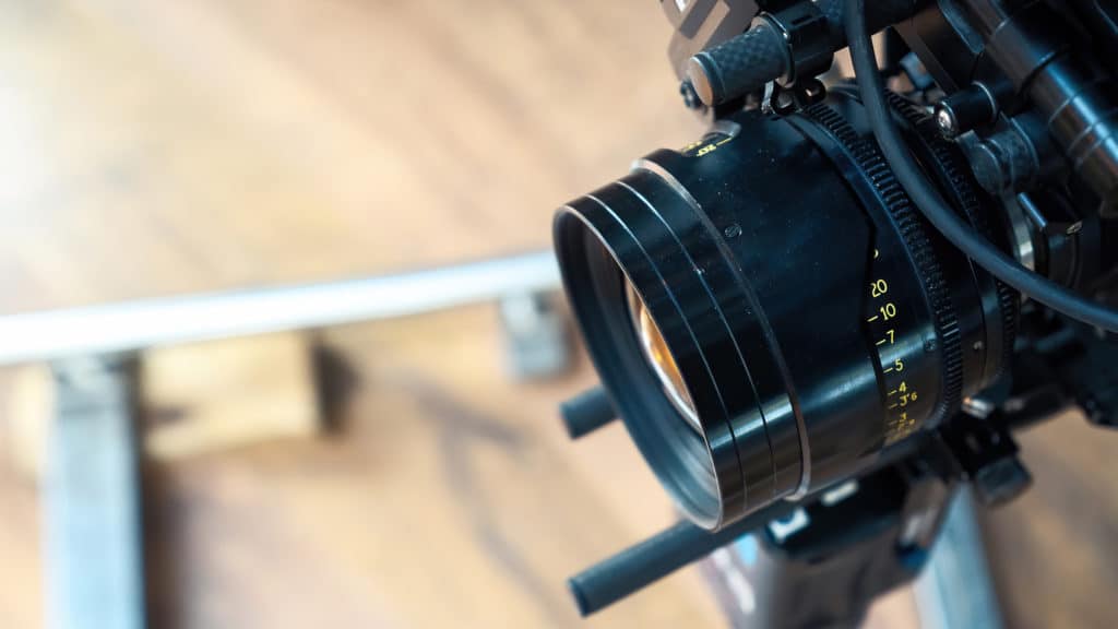Professional movie camera lens on a movie set